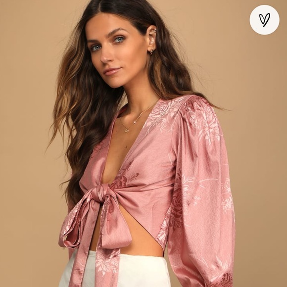 Highly Iconic Rose Pink Satin Jacquard Tie-Front Crop Top - Picture 1 of 4